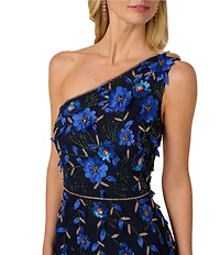 Adrianna Papell Floral Beaded Mesh One Shoulder Sleeveless Gown