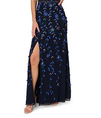 Adrianna Papell Floral Beaded Mesh One Shoulder Sleeveless Gown