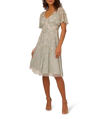 Adrianna Papell Floral Beaded V-Neck Short Sleeve Dress