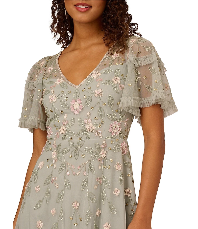 Adrianna Papell Floral Beaded V-Neck Short Sleeve Dress
