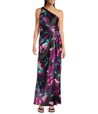Adrianna Papell Floral Chiffon One Shoulder Sleeveless Column Gown