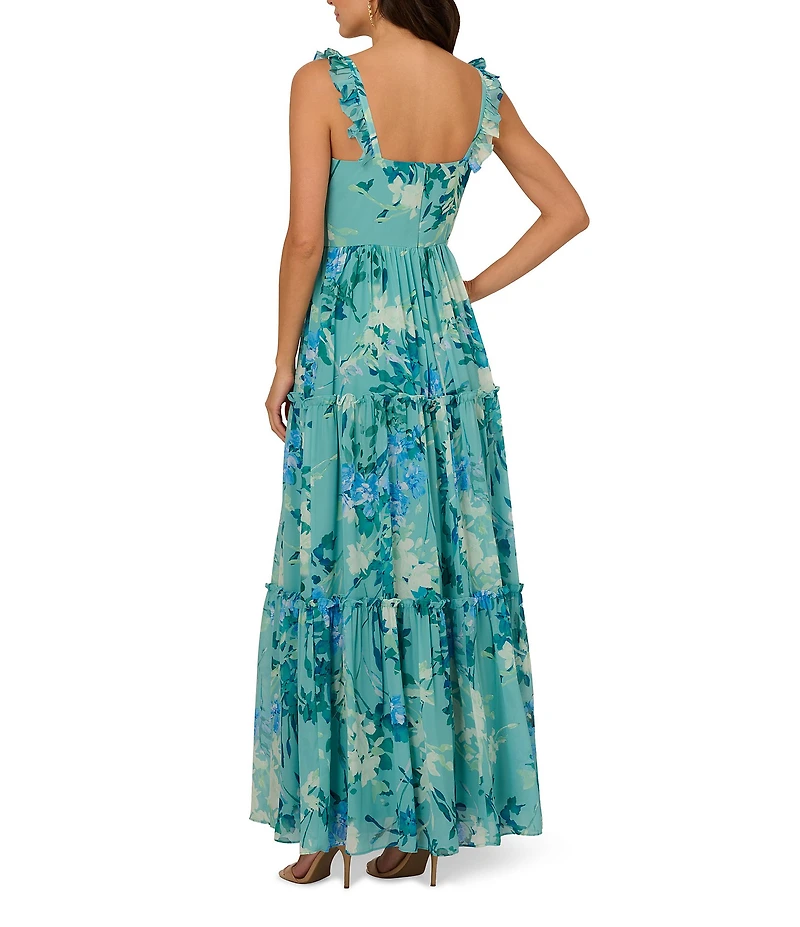 Adrianna Papell Floral Chiffon Square Neck Ruffle A-Line Maxi Dress