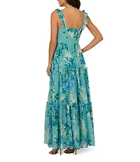 Adrianna Papell Floral Chiffon Square Neck Ruffle A-Line Maxi Dress