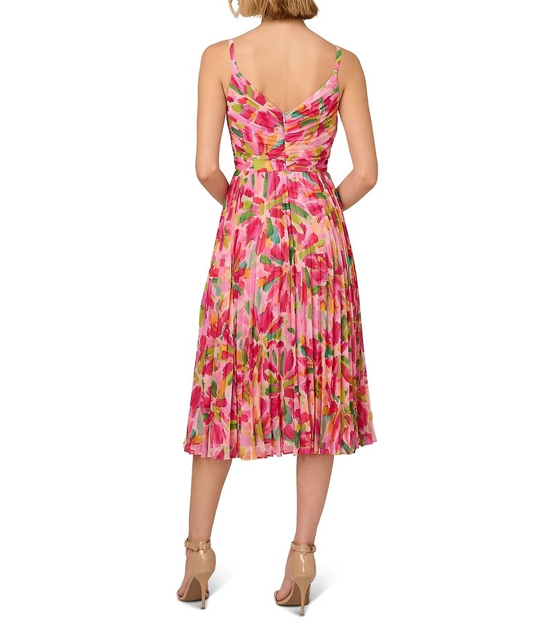 Adrianna Papell Floral Chiffon V-Neck Sleeveless Pleated Midi Dress