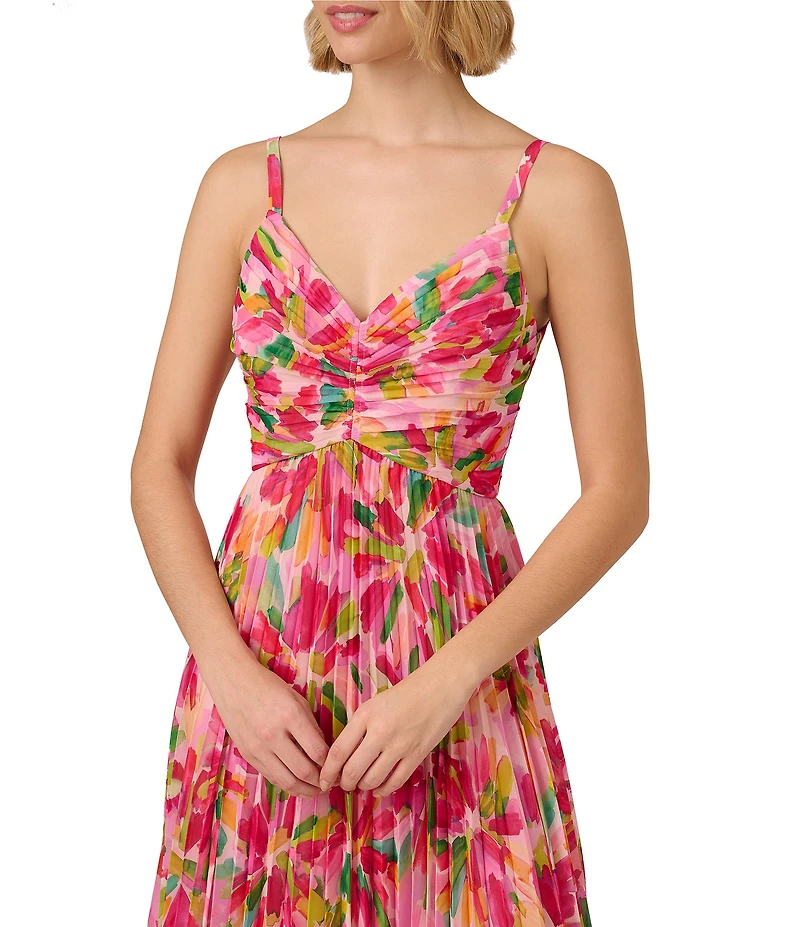 Adrianna Papell Floral Chiffon V-Neck Sleeveless Pleated Midi Dress