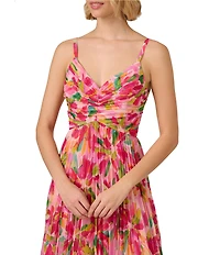 Adrianna Papell Floral Chiffon V-Neck Sleeveless Pleated Midi Dress