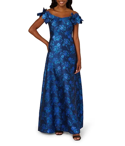 Adrianna Papell Floral Embellished Print Off The Shoulder Jacquard Gown