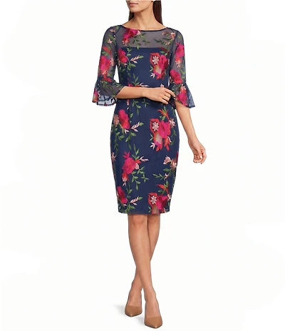 Adrianna Papell Floral Embroidered Boat Neck 3/4 Illusion Bell Sleeve Dress