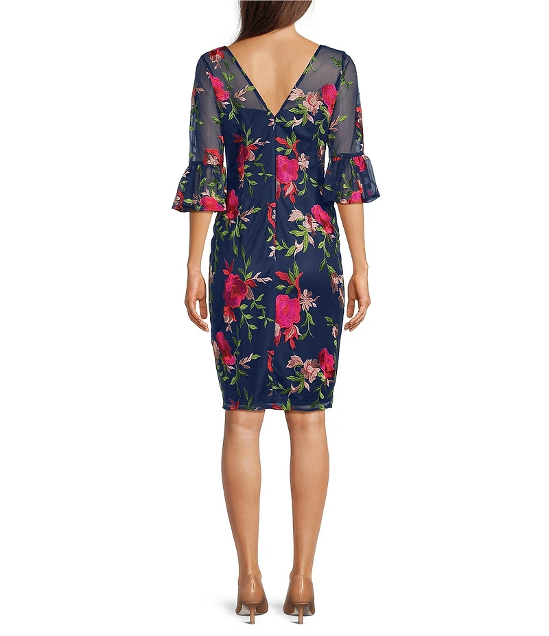 Adrianna Papell Floral Embroidered Boat Neck 3/4 Illusion Bell Sleeve Dress