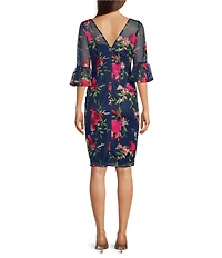 Adrianna Papell Floral Embroidered Boat Neck 3/4 Illusion Bell Sleeve Dress