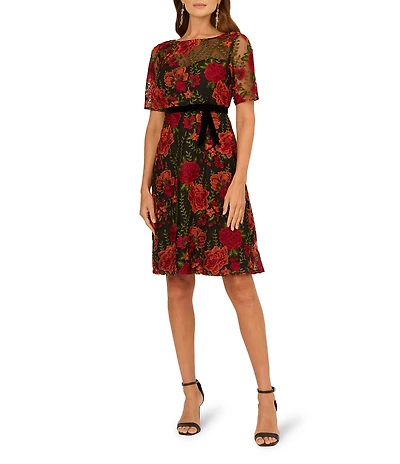 Adrianna Papell Floral Embroidered Boat Neck Elbow Sleeve Dress