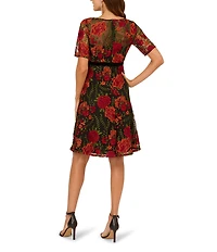 Adrianna Papell Floral Embroidered Boat Neck Elbow Sleeve Dress