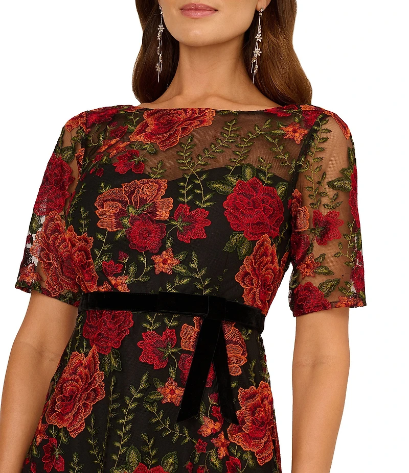 Adrianna Papell Floral Embroidered Boat Neck Elbow Sleeve Dress