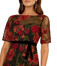 Adrianna Papell Floral Embroidered Boat Neck Elbow Sleeve Dress
