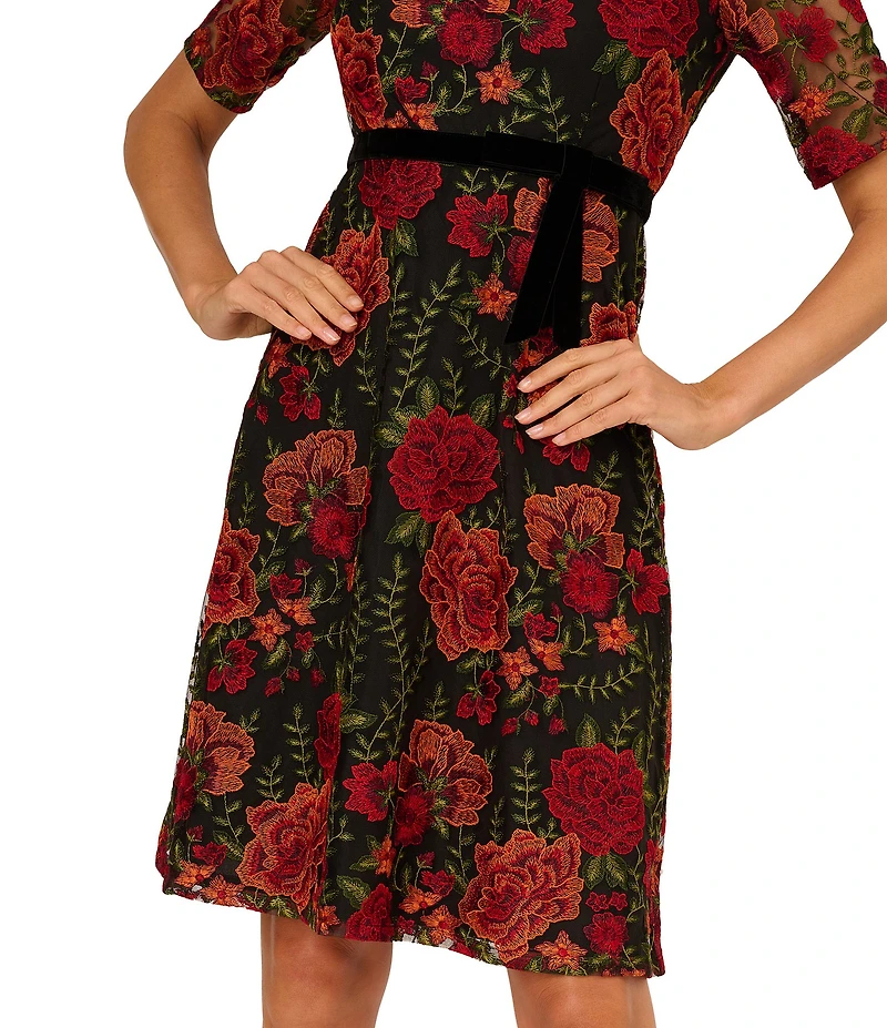 Adrianna Papell Floral Embroidered Boat Neck Elbow Sleeve Dress