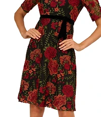Adrianna Papell Floral Embroidered Boat Neck Elbow Sleeve Dress