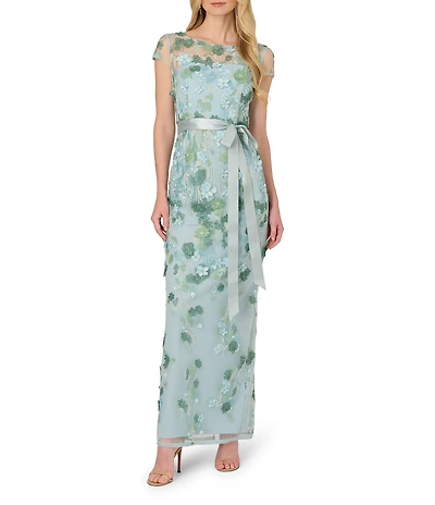 Adrianna Papell Floral Embroidered Illusion Boat Neck Short Sleeve Column Gown