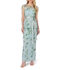 Adrianna Papell Floral Embroidered Illusion Boat Neck Short Sleeve Column Gown