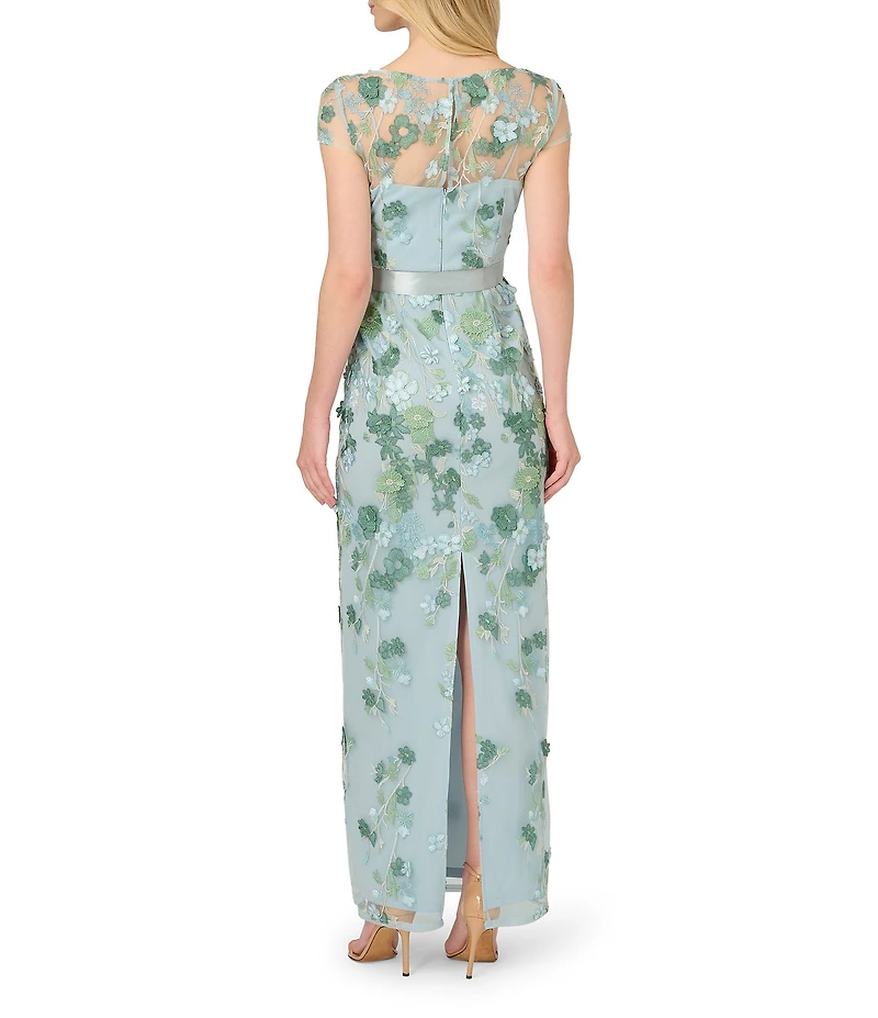 Adrianna Papell Floral Embroidered Illusion Boat Neck Short Sleeve Column Gown