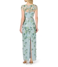 Adrianna Papell Floral Embroidered Illusion Boat Neck Short Sleeve Column Gown