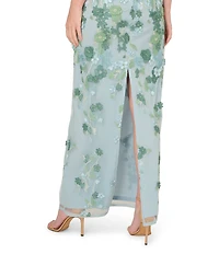 Adrianna Papell Floral Embroidered Illusion Boat Neck Short Sleeve Column Gown