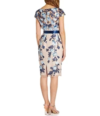 Adrianna Papell Floral Embroidered Illusion Neck Bow Detail Knee Length Dress