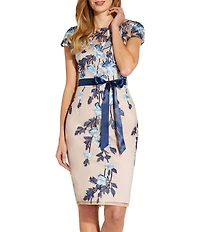 Adrianna Papell Floral Embroidered Illusion Neck Bow Detail Knee Length Dress