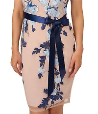 Adrianna Papell Floral Embroidered Illusion Neck Bow Detail Knee Length Dress