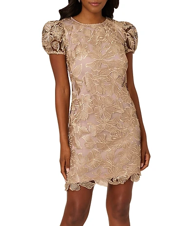 Adrianna Papell Floral Embroidered Short Puff Sleeve Shift Dress