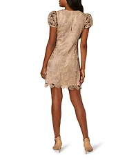 Adrianna Papell Floral Embroidered Short Puff Sleeve Shift Dress