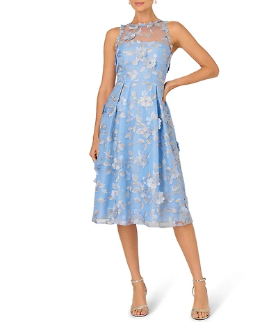 Adrianna Papell Floral Embroidered Sleeveless Illusion Neck Midi Dress