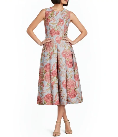 Adrianna Papell Floral Jacquard Crew Neck Sleeveless Drop Waist Midi Dress