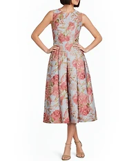 Adrianna Papell Floral Jacquard Crew Neck Sleeveless Drop Waist Midi Dress