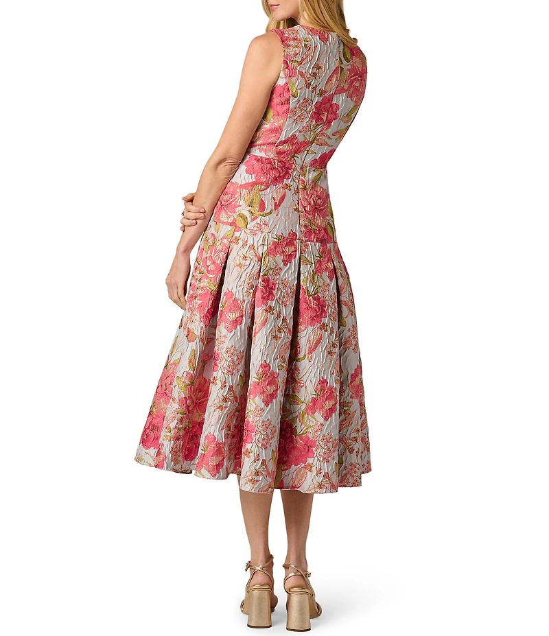 Adrianna Papell Floral Jacquard Crew Neck Sleeveless Drop Waist Midi Dress