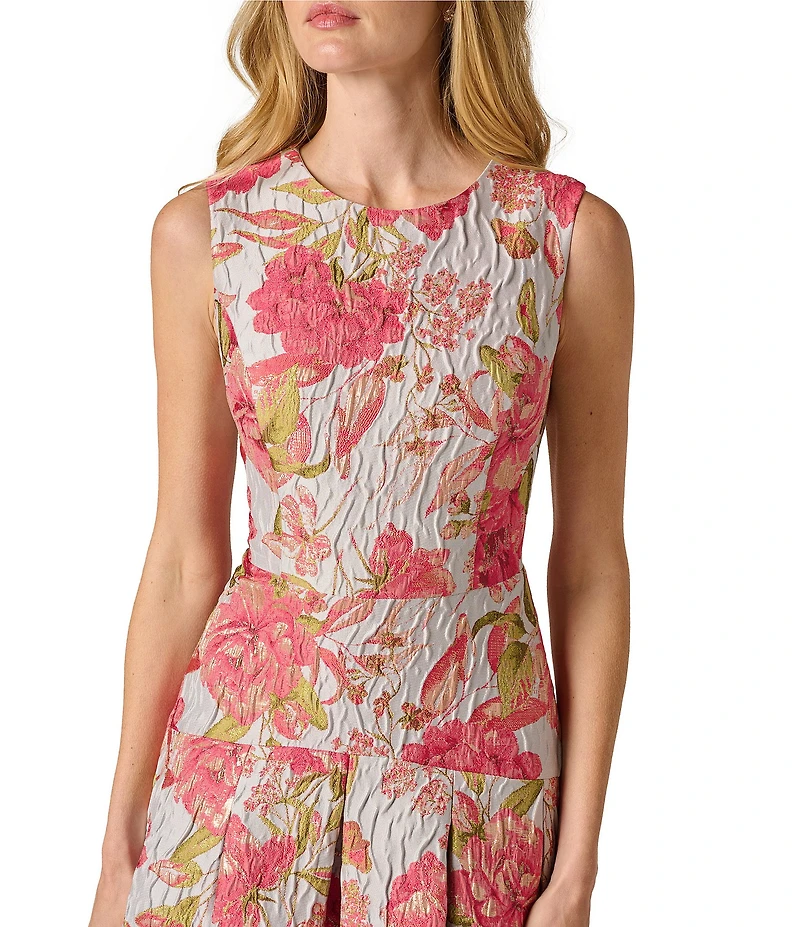 Adrianna Papell Floral Jacquard Crew Neck Sleeveless Drop Waist Midi Dress