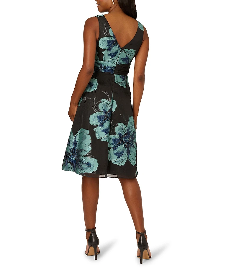 Adrianna Papell Floral Jacquard V-Neck Sleeveless A-Line Dress