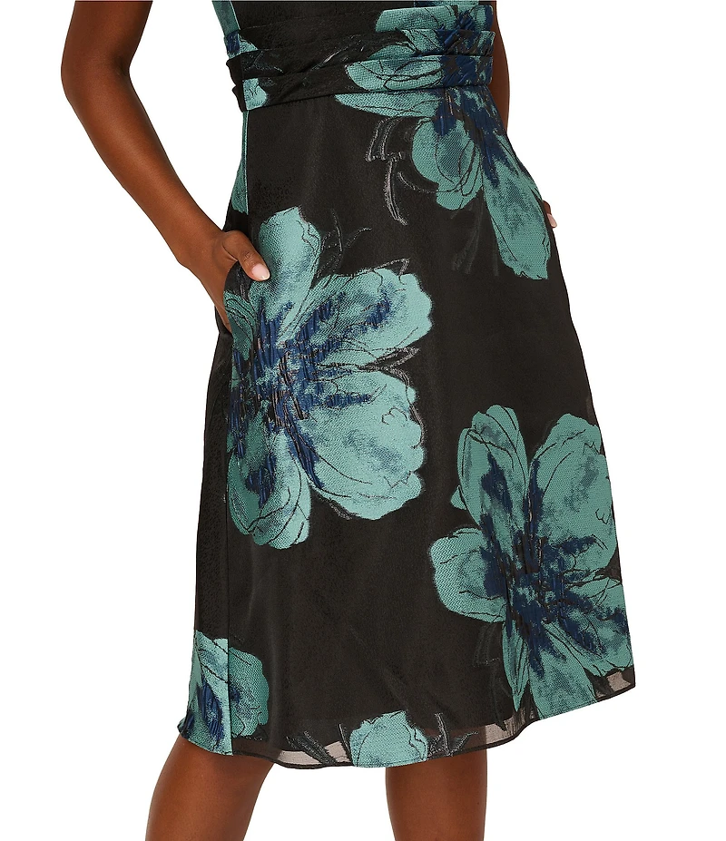Adrianna Papell Floral Jacquard V-Neck Sleeveless A-Line Dress