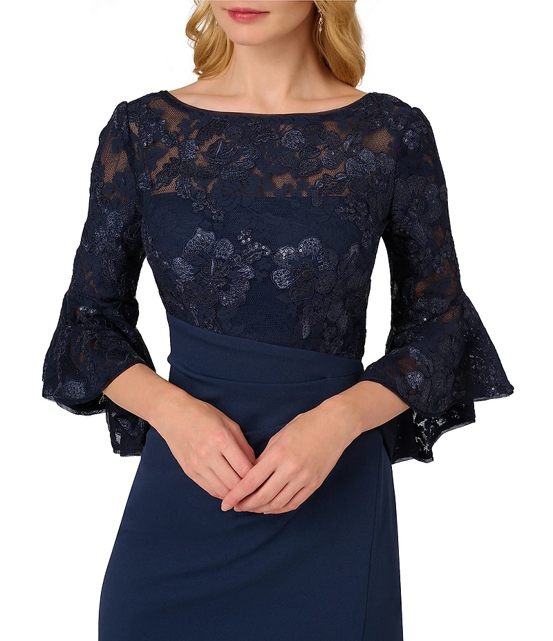 Adrianna Papell Floral Lace Boat Neck 3/4 Bell Cuff Gathered Dress