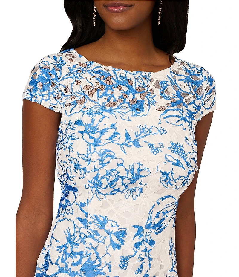 Adrianna Papell Floral Lace Boat Neck Cap Sleeve Sheath Dress