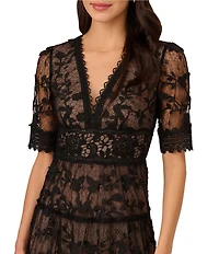 Adrianna Papell Floral Lace Embroidery V-Neck Short Sleeve Tiered Mini A-Line Dress