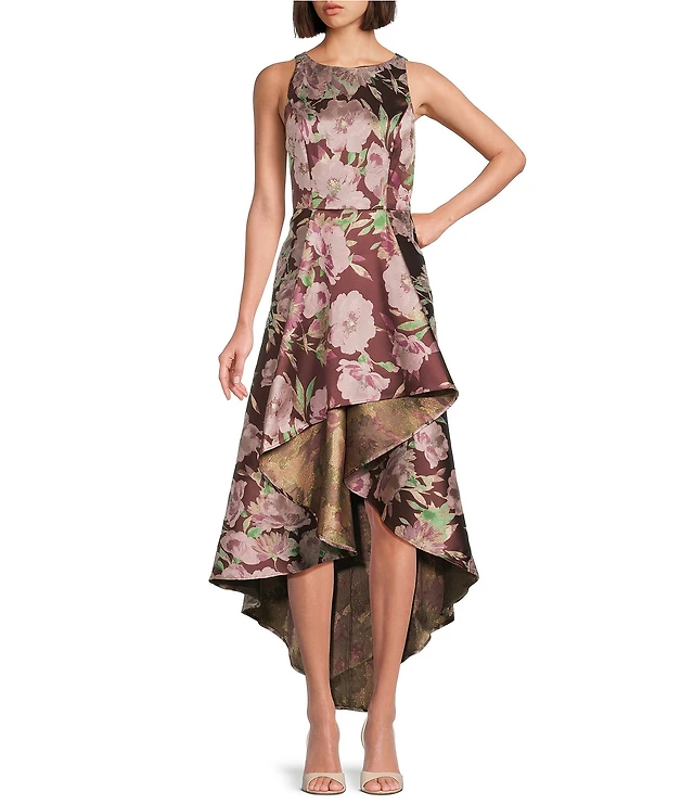 Adrianna Papell Floral Metallic Halter High Low Gown | Liberty Center