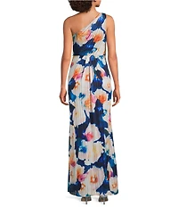 Adrianna Papell Floral Metallic Satin One Shoulder Sleeveless Twist Waist Gown