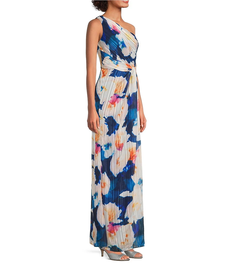 Adrianna Papell Floral Metallic Satin One Shoulder Sleeveless Twist Waist Gown