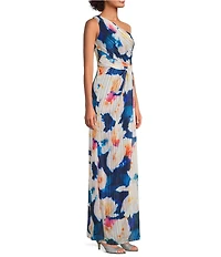 Adrianna Papell Floral Metallic Satin One Shoulder Sleeveless Twist Waist Gown