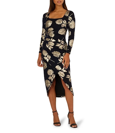 Adrianna Papell Floral Metallic Square Neck Long Sleeve Knit Midi Dress