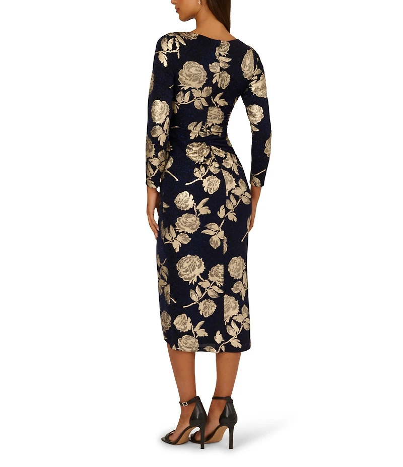 Adrianna Papell Floral Metallic Square Neck Long Sleeve Knit Midi Dress