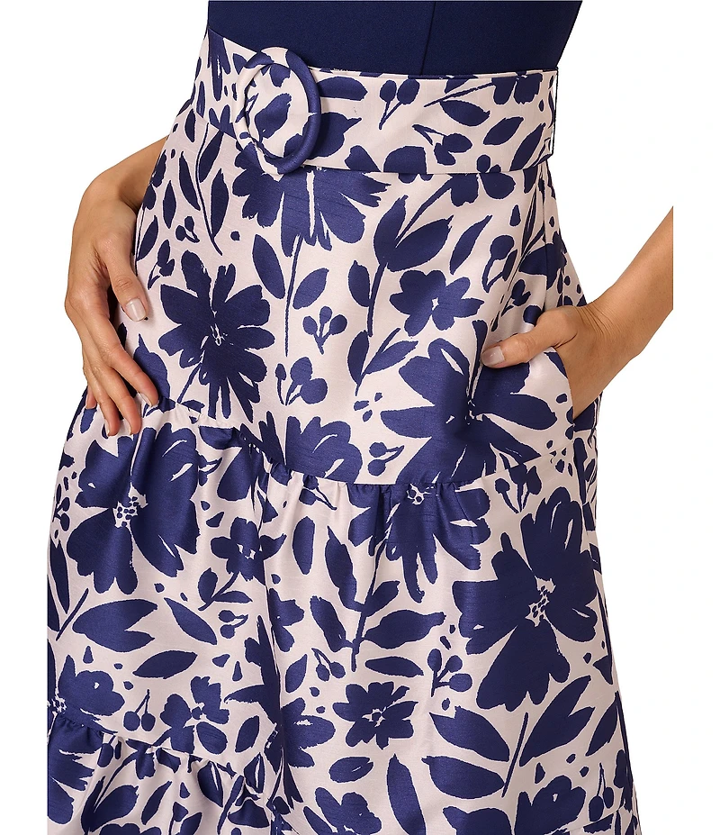 Adrianna Papell Floral Novelty Square Neck Belted Tiered Hem Midi A-Line Dress