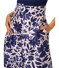 Adrianna Papell Floral Novelty Square Neck Belted Tiered Hem Midi A-Line Dress
