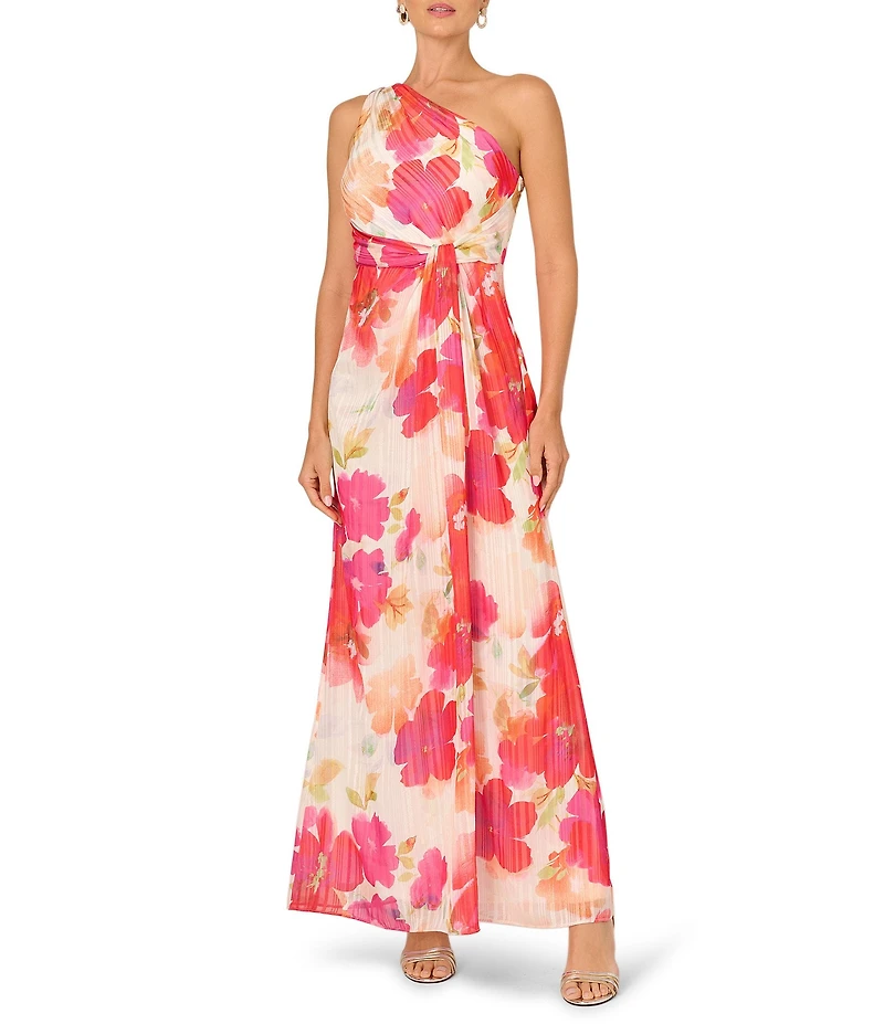 Adrianna Papell Floral One Shoulder Sleeveless Chiffon Gown