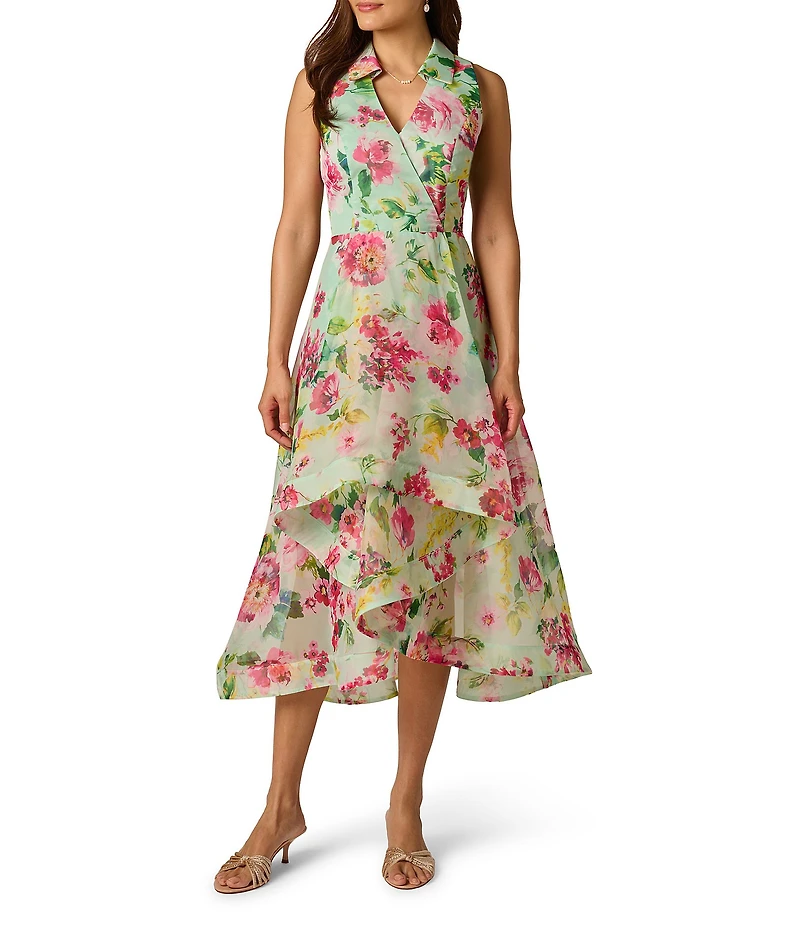 Adrianna Papell Floral Organza Asymmetrical High-Low Midi Dress